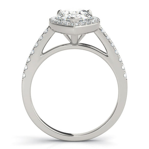 Platinum Pear Halo Diamond Ring with Pavé Band and Three-Prong Setting