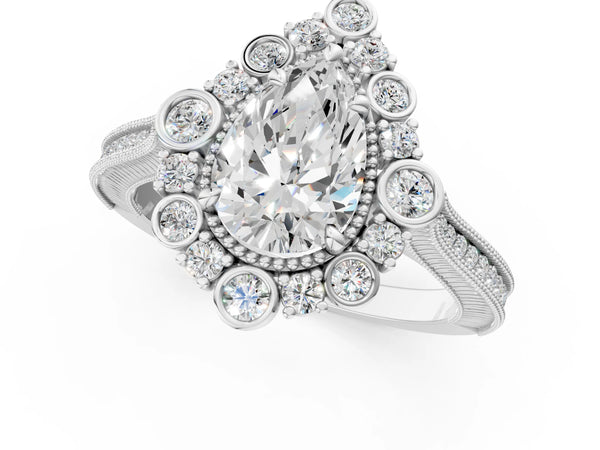 Platinum Pear-Shaped Scalloped Milgrain Halo Engagement Ring Setting
