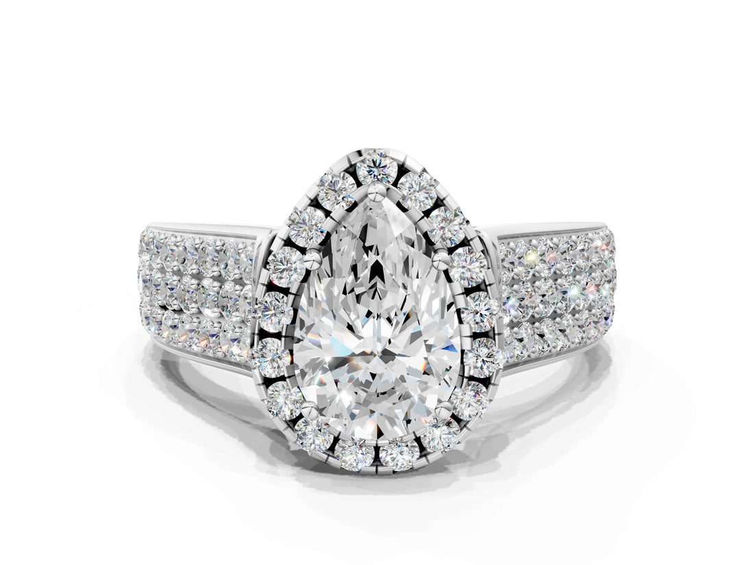 Platinum Pear Halo Round Diamond Pave Band with Prong Setting