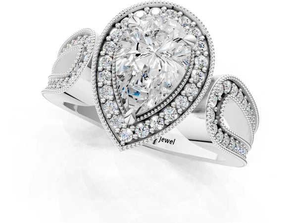 Platinum Pear-Shaped Vintage Milgrain Halo Engagement Ring Setting with Pave Loop Shoulders