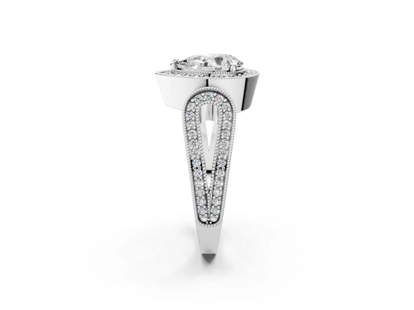 Platinum Pear-Shaped Vintage Milgrain Halo Engagement Ring Setting with Pave Loop Shoulders