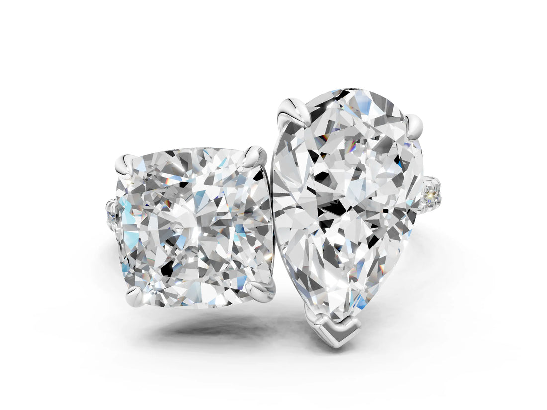Platinum Pear and Cushion Toi Moi Ring with Prong Setting and Micro Pave Band