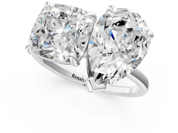 Platinum Pear and Cushion Toi Moi Ring with Prong Setting and Plain Band