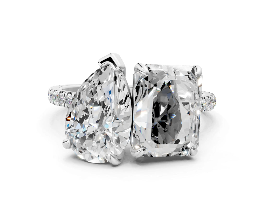 Platinum Pear and Emerald Toi Moi Ring with Prong Setting and Micro Pave Band