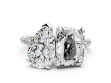 Platinum Pear and Emerald Toi Moi Ring with Prong Setting and Micro Pave Band