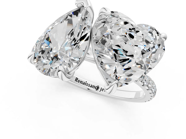 Platinum Pear and Heart Toi Moi Ring with Prong Setting and Pave Band