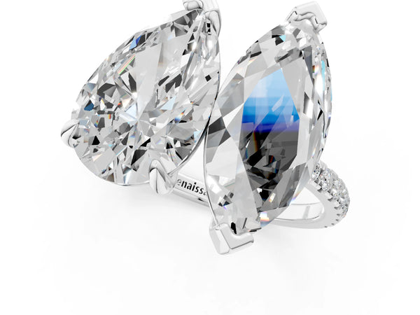 Platinum Pear and Marquise Toi Moi Ring with Prong Setting and Micro Pave Band