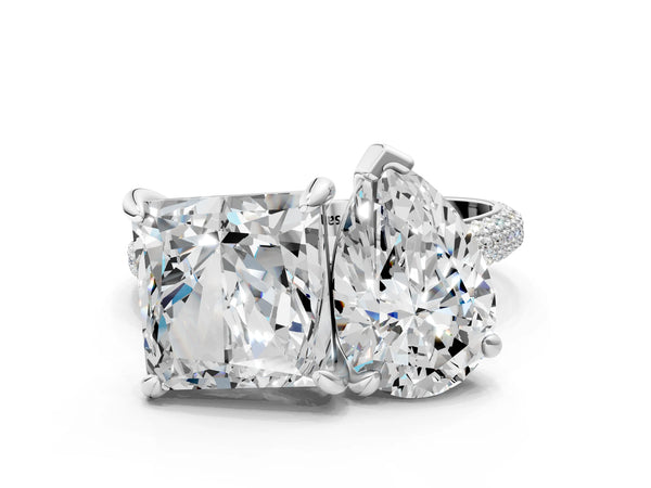 Platinum Pear and Princess Toi Moi Ring with Prong Setting and Pave Band