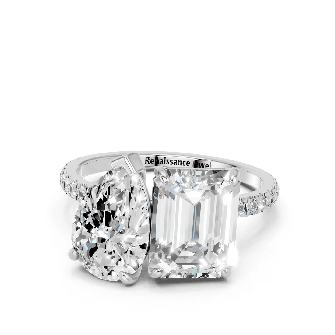 Platinum Pear and Radiant Toi Moi Ring with Prong Setting and Micro Pave Band