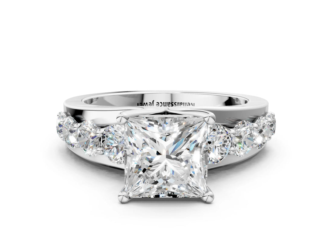 Platinum Princess Brilliant Solitaire with Side Stones on a Pave Band and Four-Prong Setting_14