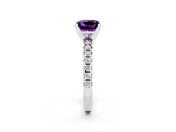 Platinum Princess Cut Amethyst Solitaire Pavé Engagement Ring with Round Band and Prong Setting