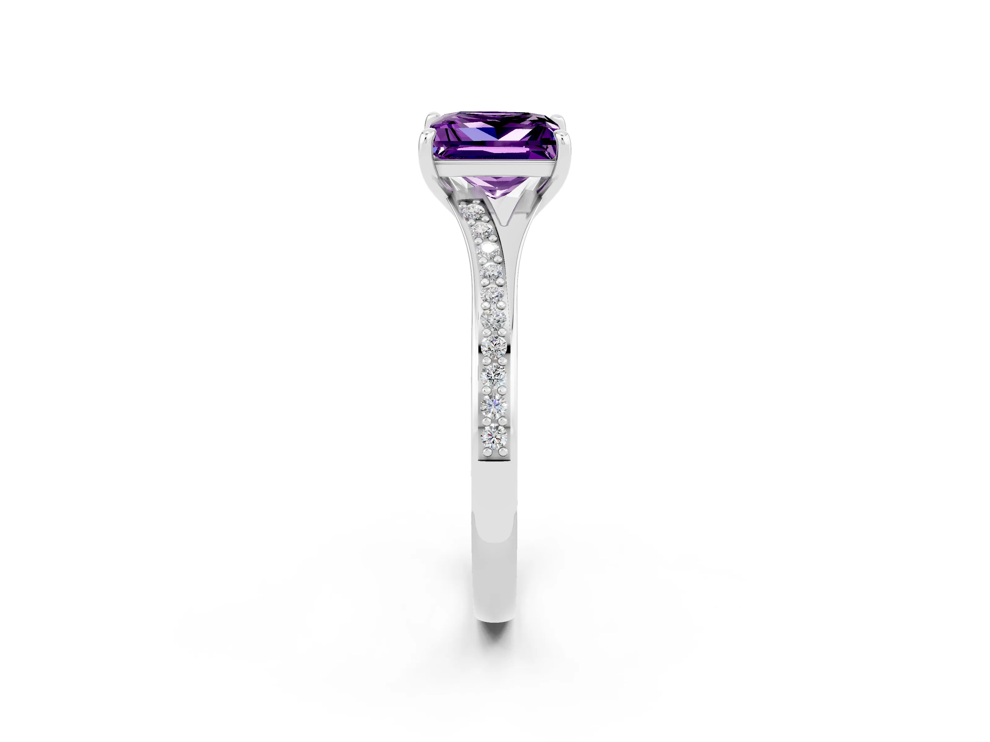 Platinum Princess Cut Amethyst Solitaire Ring with Pavé Band and Prong Setting_14