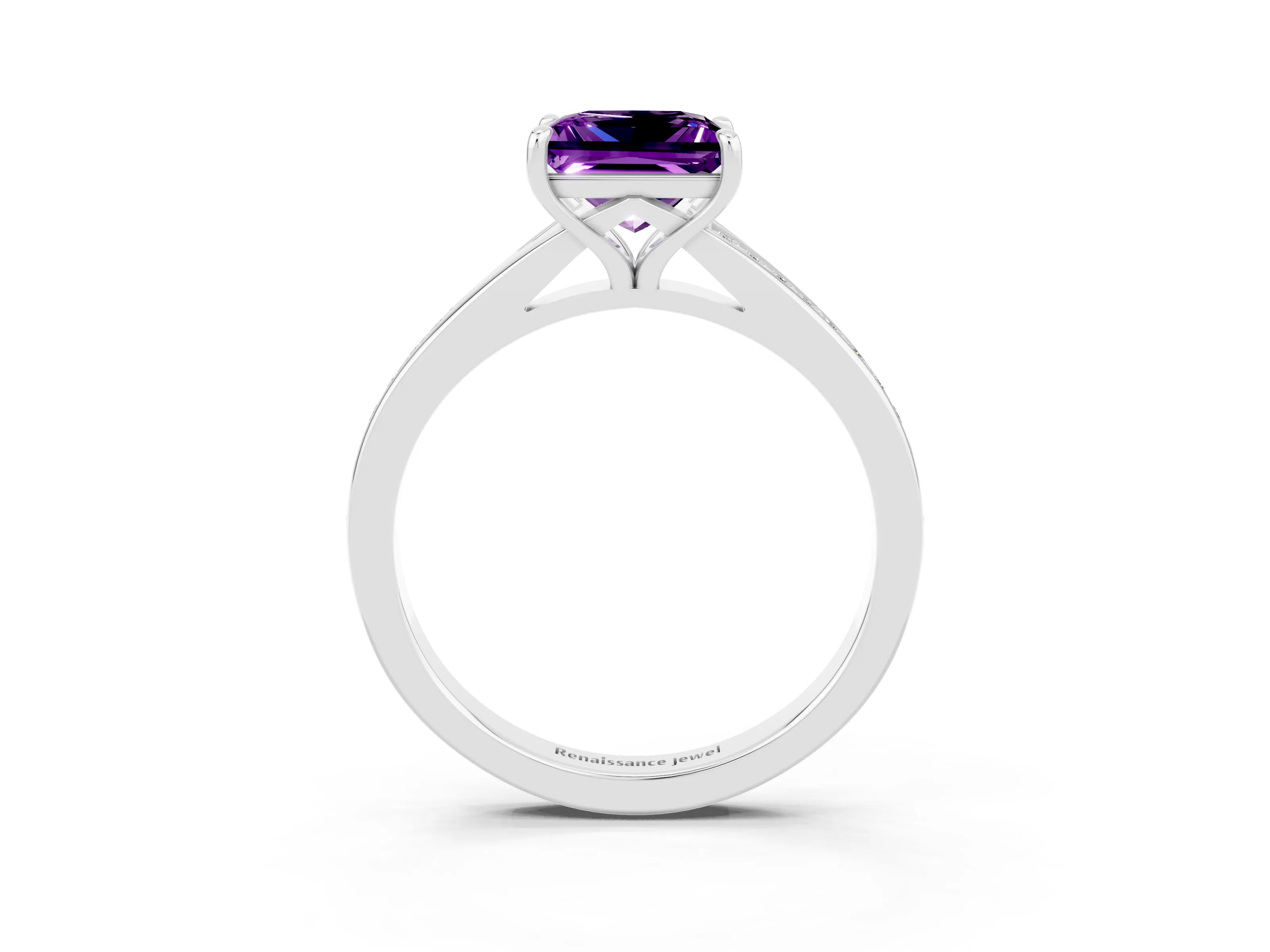 Platinum Princess Cut Amethyst Solitaire Ring with Pavé Band and Prong Setting_15