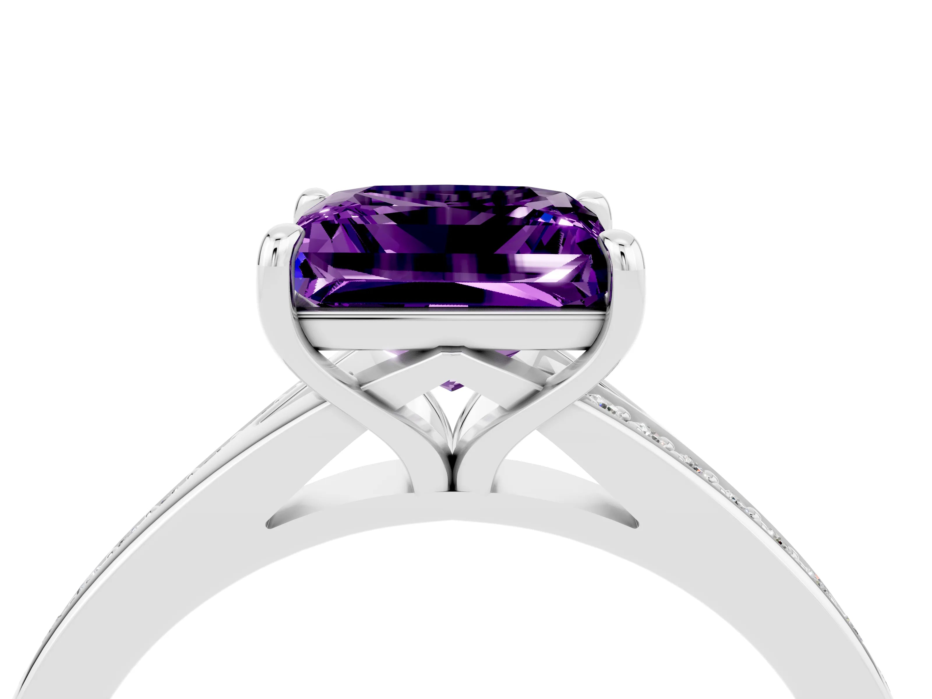 Platinum Princess Cut Amethyst Solitaire Ring with Pavé Band and Prong Setting_16