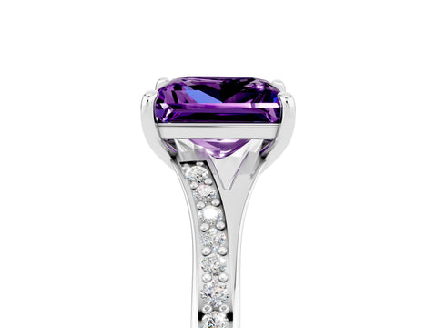 Platinum Princess Cut Amethyst Solitaire Ring with Pavé Band and Prong Setting_17
