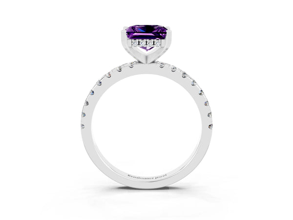 Platinum Princess Cut Amethyst Hidden Halo Engagement Ring with Pave Band