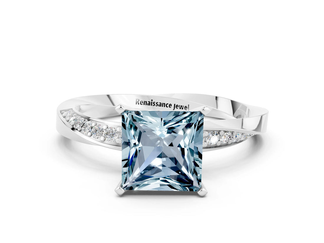 Platinum Princess Cut Aquamarine Engagement Ring with Side Stone Accents and Four-Prong Setting_12