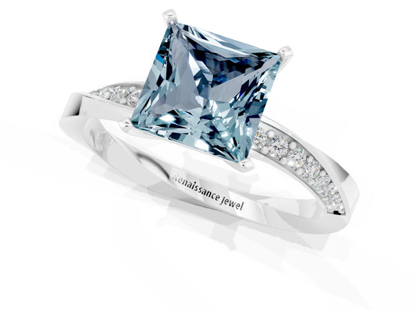 Platinum Princess Cut Aquamarine Engagement Ring with Side Stone Accents and Four-Prong Setting