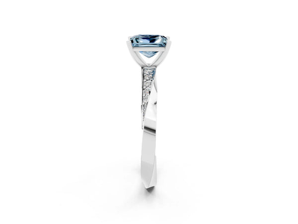 Platinum Princess Cut Aquamarine Engagement Ring with Side Stone Accents and Four-Prong Setting
