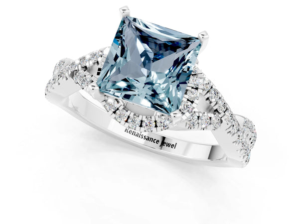 Platinum Princess Cut Aquamarine  Halo Twist Band Solitaire Prong Setting Ring