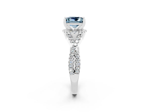 Platinum Princess Cut Aquamarine  Halo Twist Band Solitaire Prong Setting Ring
