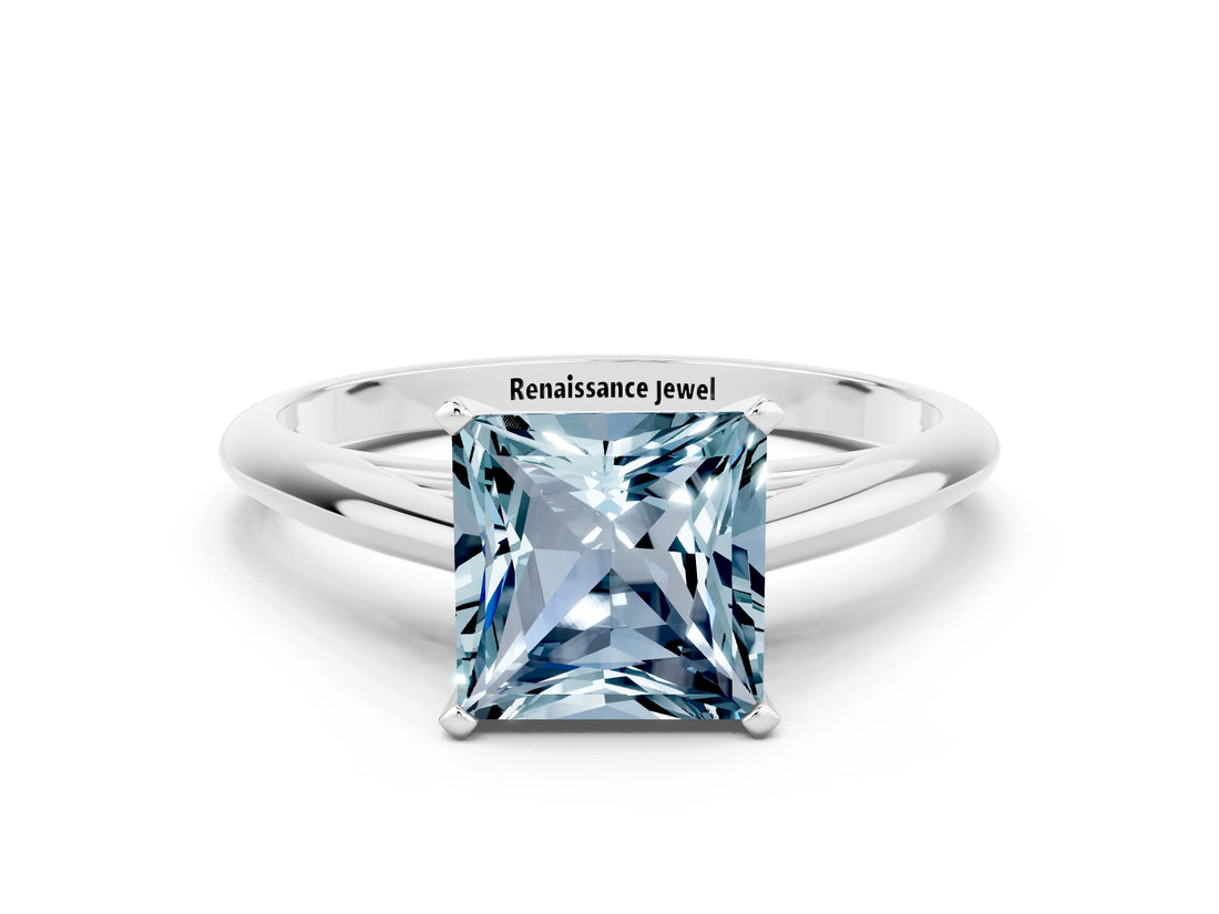 Platinum Princess Cut Aquamarine Solitaire Engagement Ring with Cathedral Setting and Four-Prong Mount_6