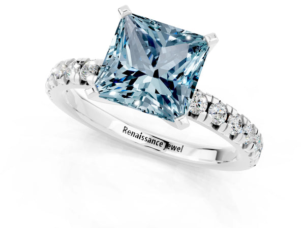 Platinum Princess Cut Aquamarine Solitaire Pavé Engagement Ring with Round Band and Prong Setting