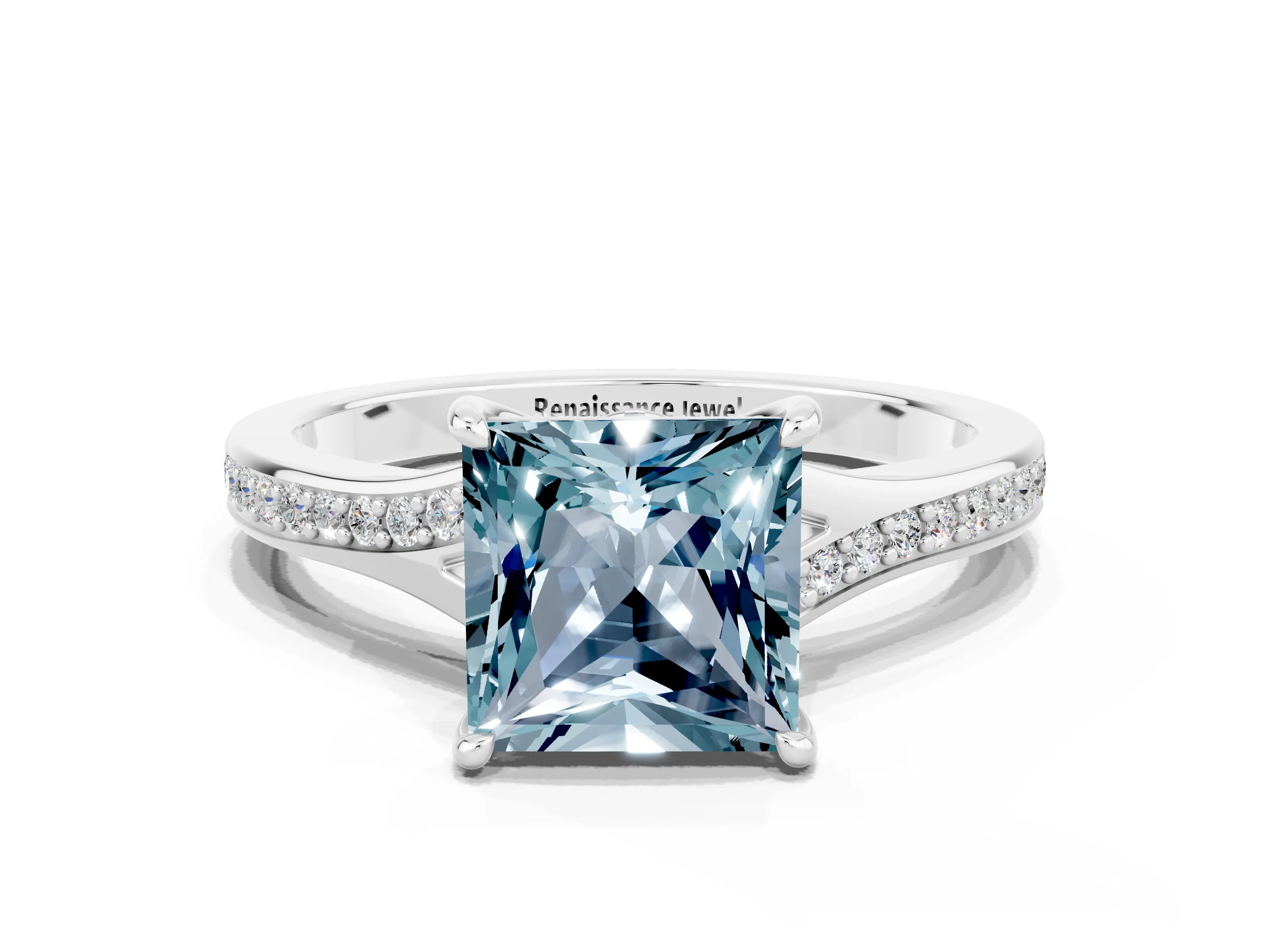 Platinum Princess Cut Aquamarine Solitaire Ring with Pavé Band and Prong Setting_12