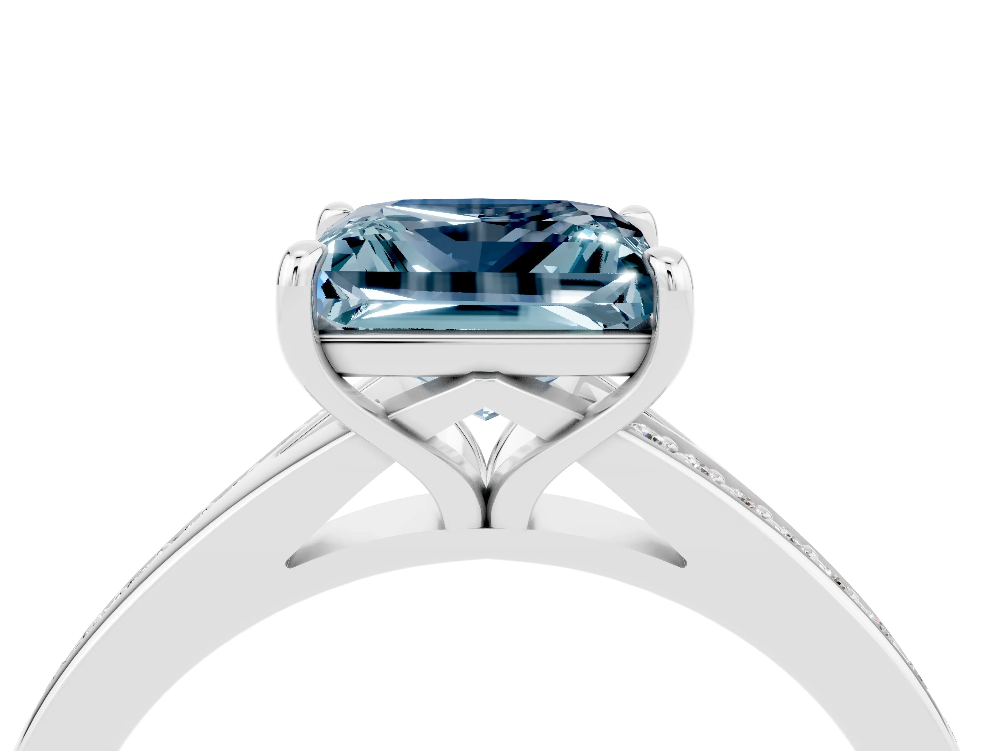 Platinum Princess Cut Aquamarine Solitaire Ring with Pavé Band and Prong Setting_16