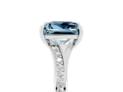 Platinum Princess Cut Aquamarine Solitaire Ring with Pavé Band and Prong Setting_17
