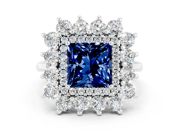 Platinum Princess Cut Blue Sapphire Floral Double Halo Engagement Ring with Prong Setting