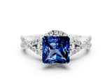 Platinum Princess Cut Blue Sapphire  Halo Twist Band Solitaire Prong Setting Ring_12