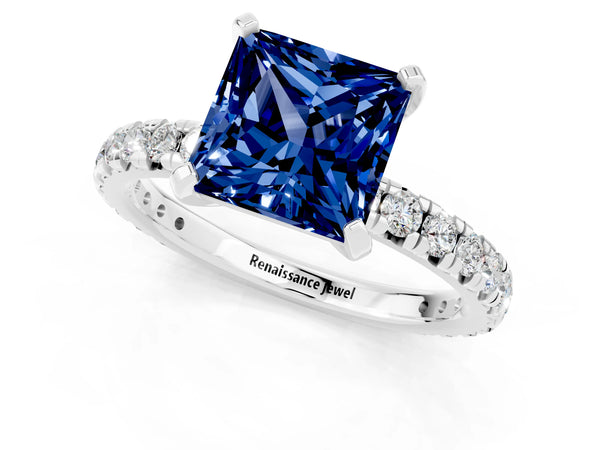 Platinum Princess Cut Lab-Grown Blue Sapphire Solitaire Engagement Ring with Shared Prong Pave Band