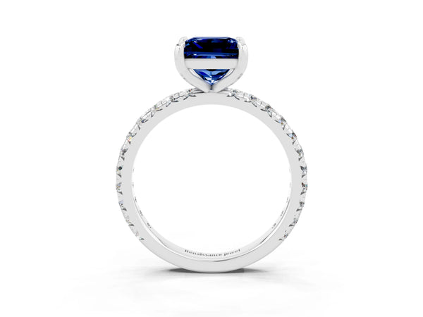 Platinum Princess Cut Lab-Grown Blue Sapphire Solitaire Engagement Ring with Shared Prong Pave Band