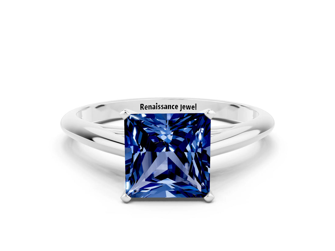 Platinum Princess Cut Blue Sapphire Solitaire Engagement Ring with Cathedral Setting and Four-Prong Mount_12