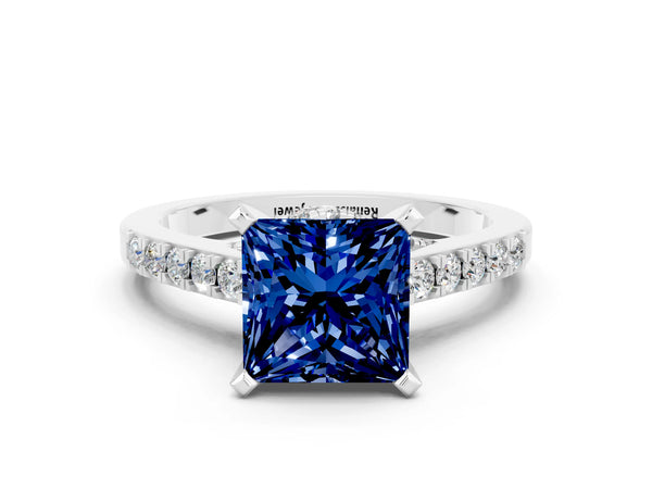 Platinum Princess Cut Blue Sapphire Solitaire Ring with Crossover Gallery and Round  Pavé Band