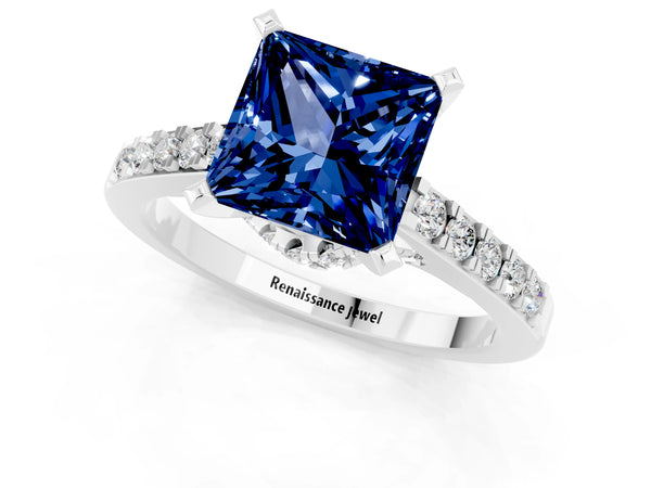 Platinum Princess Cut Blue Sapphire Solitaire Ring with Crossover Gallery and Round  Pavé Band