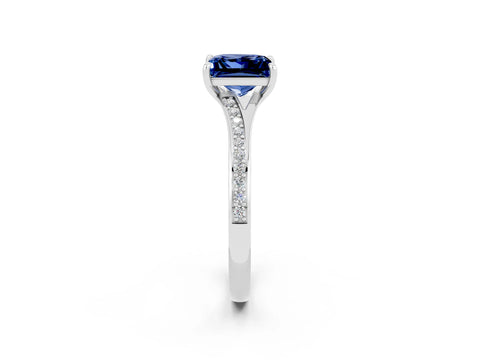 Platinum Princess Cut Blue Sapphire Solitaire Ring with Pavé Band and Prong Setting_14