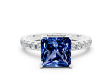 Platinum Princess Cut Blue Sapphire Solitaire Ring with Round  Pavé Band and Four-Prong Setting_24