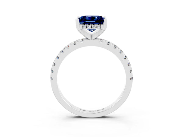 Platinum Princess Cut Blue Sapphire Solitaire Ring with Round Pavé Band and Four-Prong Setting