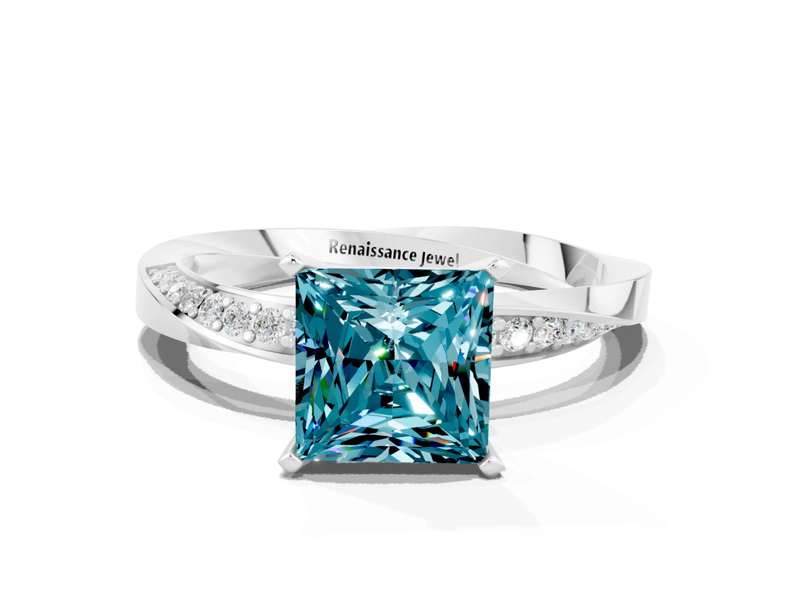 Platinum Princess Cut Blue Topaz Engagement Ring with Side Stone Accents and Four-Prong Setting_24