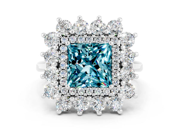 Platinum Princess Cut Blue Topaz Floral Double Halo Engagement Ring with Prong Setting