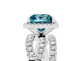 Platinum Princess Cut Blue Topaz Halo Ring with Round Split Shank and Prong Setting_72