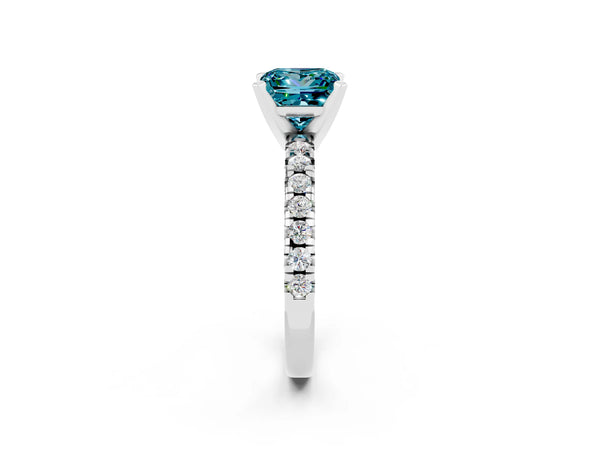 Platinum Princess Cut Blue Topaz Solitaire Pavé Engagement Ring with Round Band and Prong Setting