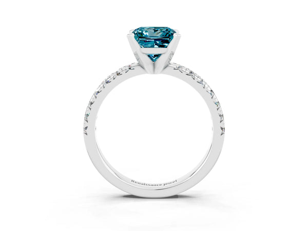 Platinum Princess Cut Blue Topaz Solitaire Pavé Engagement Ring with Round Band and Prong Setting