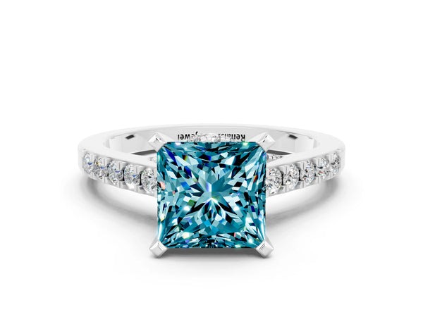 Platinum Princess Cut Blue Topaz Solitaire Ring with Crossover Gallery and Round  Pavé Band