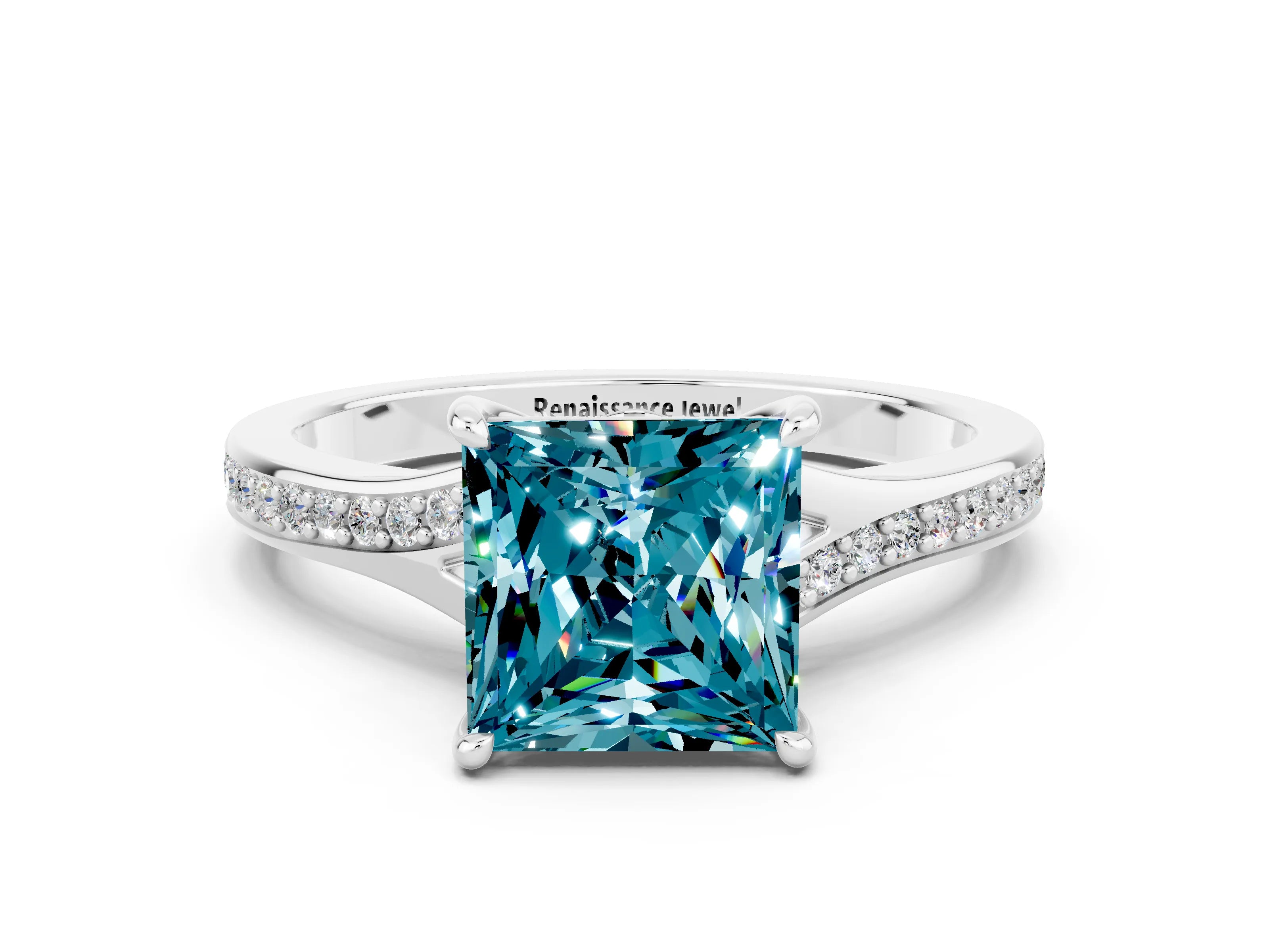 Platinum Princess Cut Blue Topaz Solitaire Ring with Pavé Band and Prong Setting_12