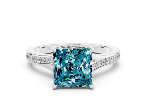 Platinum Princess Cut Blue Topaz Solitaire Ring with Pavé Band and Prong Setting_12