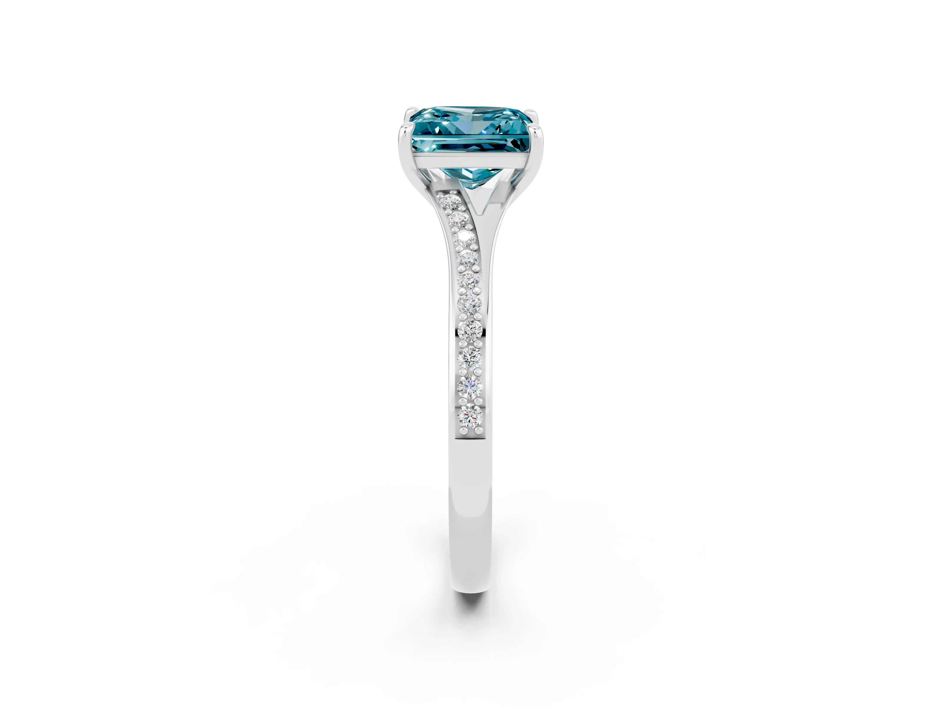Platinum Princess Cut Blue Topaz Solitaire Ring with Pavé Band and Prong Setting_14