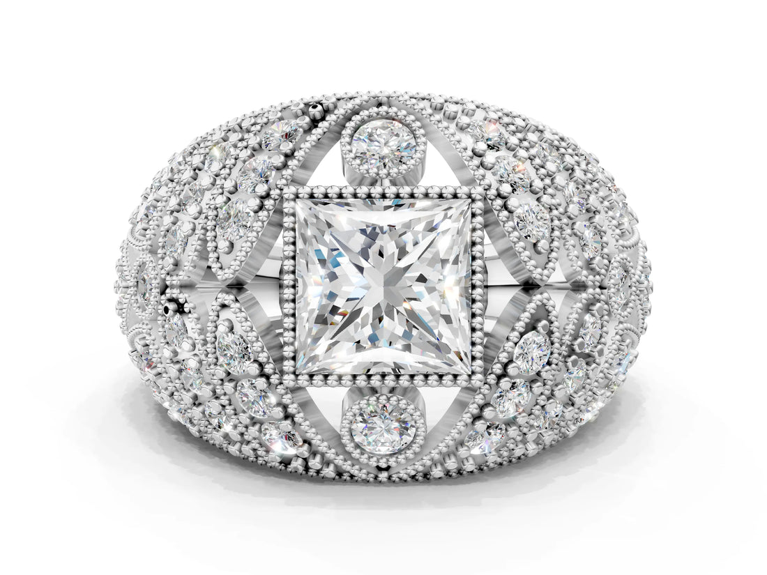 Platinum Princess Cut Brilliant Halo Pave Diamond Milgrain Ring_13